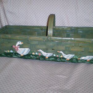 Vintage Hand Painted Geese Family Woven Bamboo Basket 5” Tall X 10.5” Wide